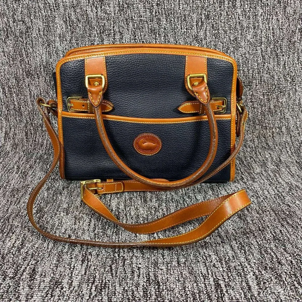 Vtg Dooney Bourke All Weather Leather Cavalry Satchel Bag Navy British Tan Purse